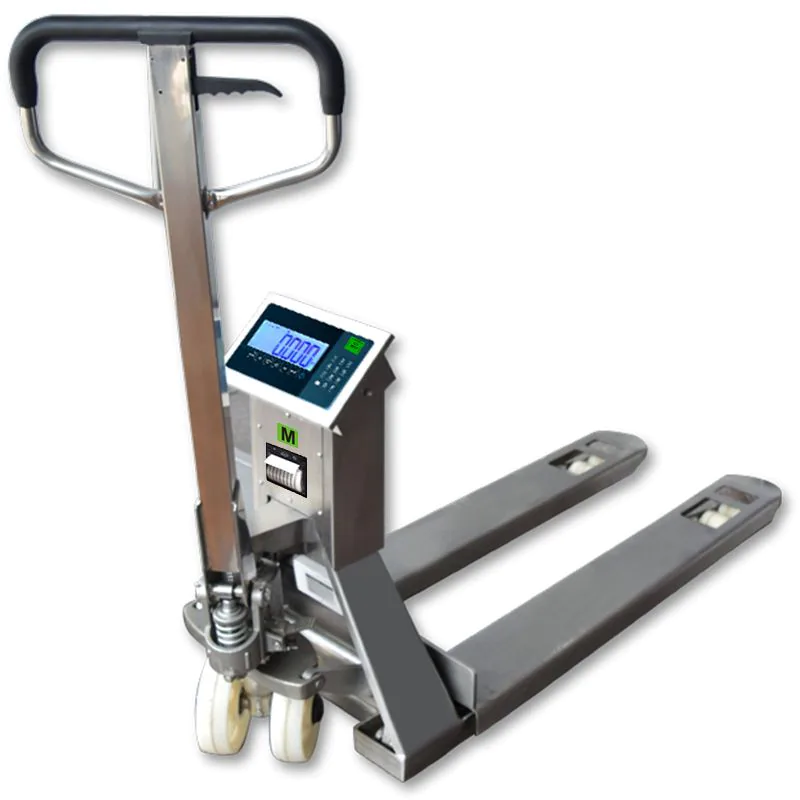 Transpalette peseur tout inox avec vignette M et imprimante embarquée pour facturer au poids les expéditions